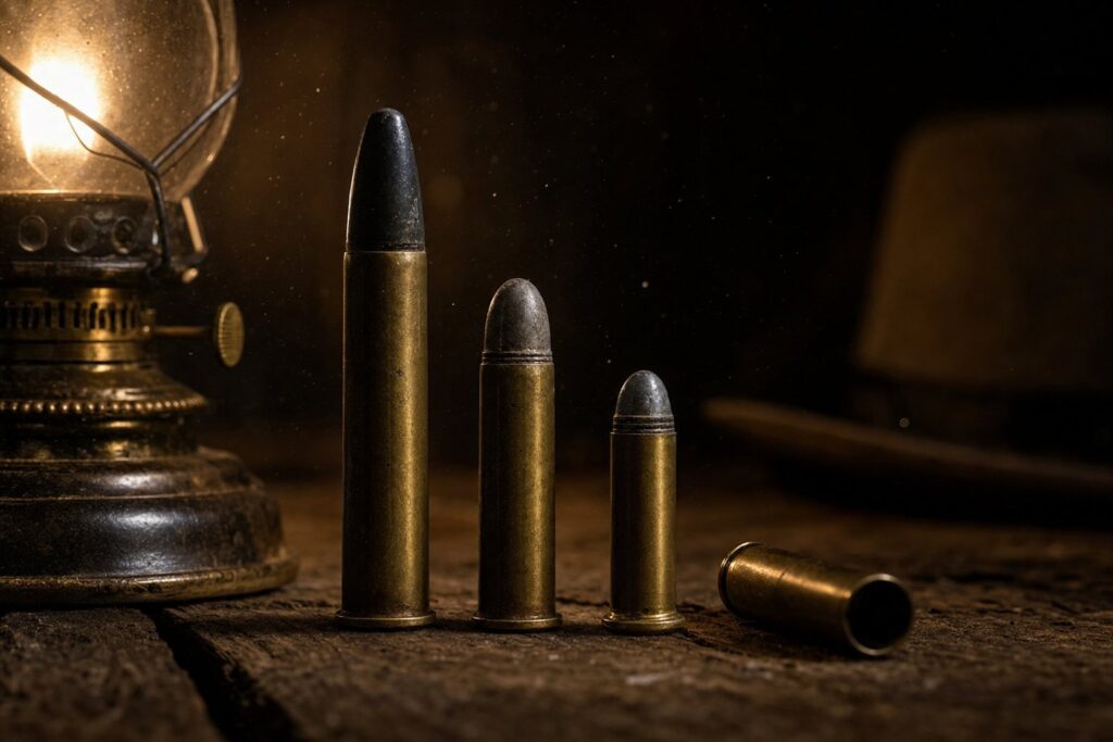 Three antique nineteenth century rifle cartridges and a spent brass casing on weathered wood by lamplight