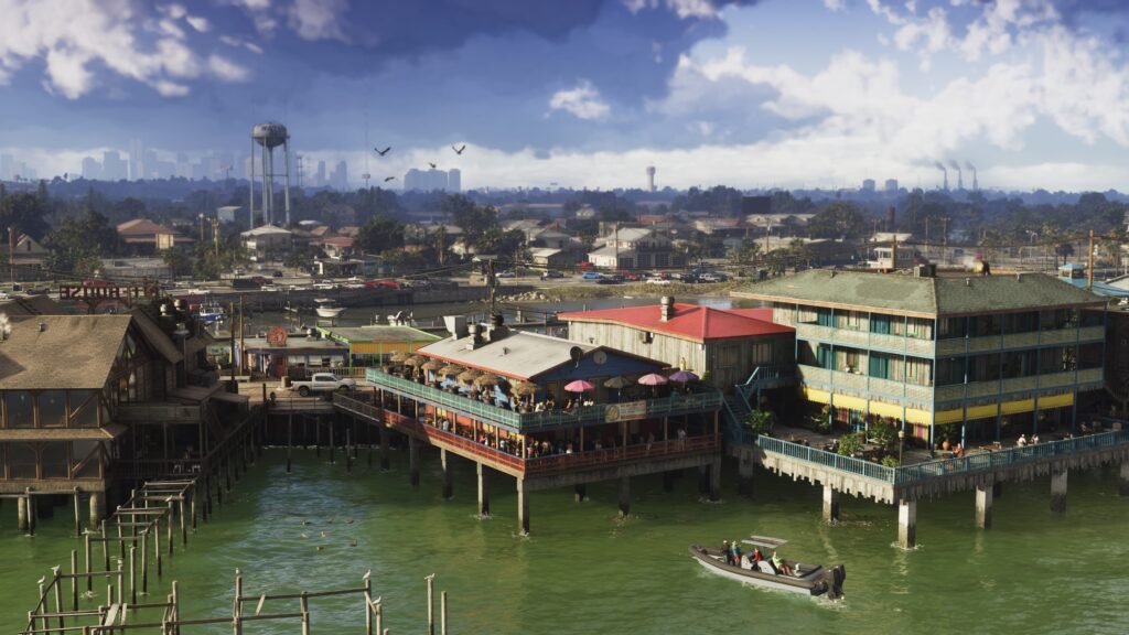 Stilt houses over water in the Grassrivers area of Grand Theft Auto VI