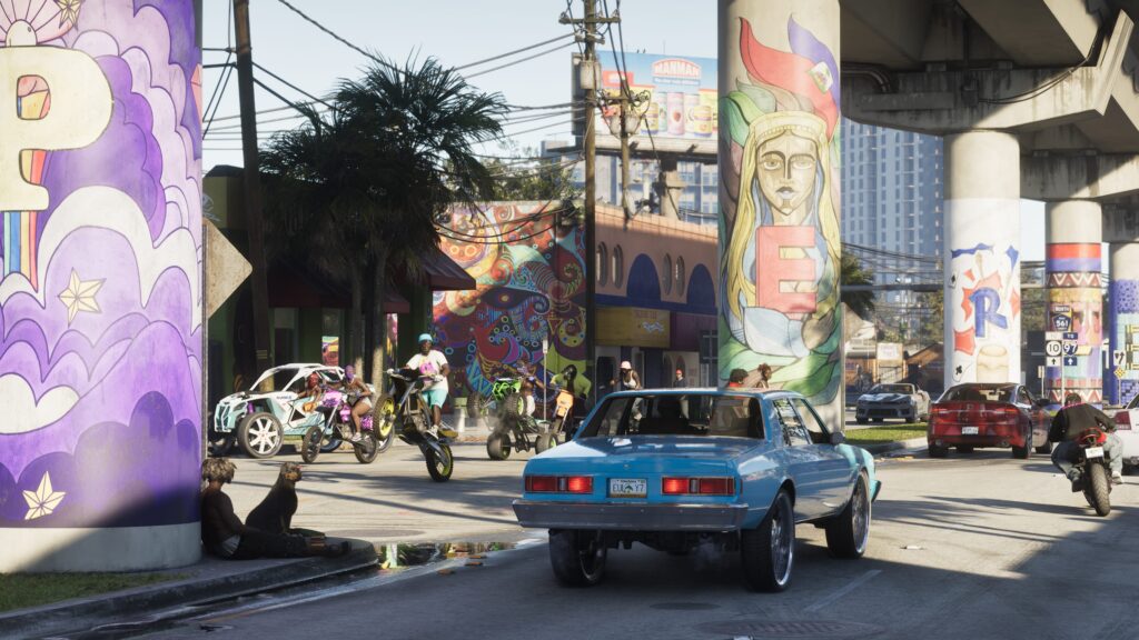 A car on a Vice City street under a painted overpass