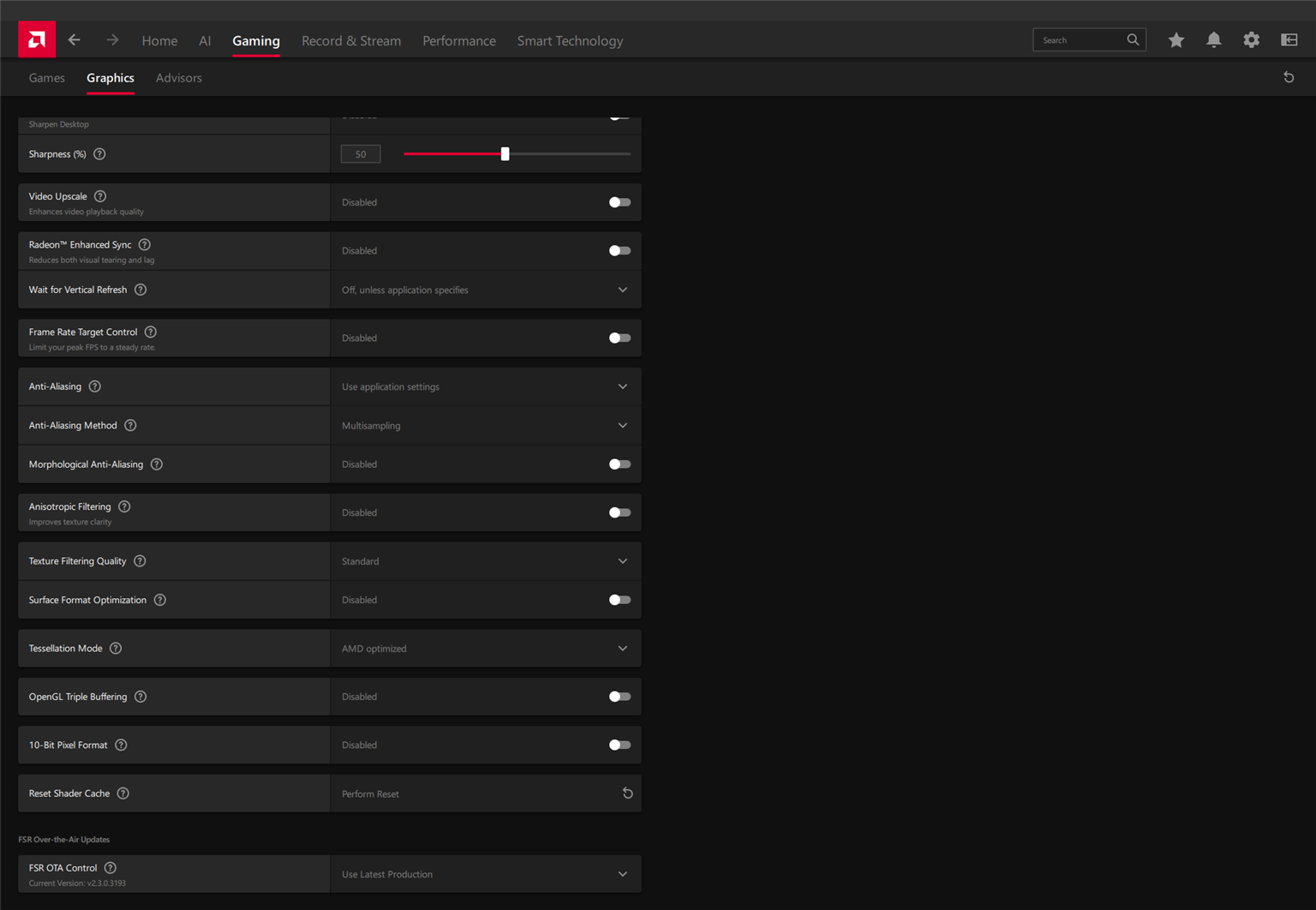 AMD Adrenalin advanced graphics options and FSR over-the-air control