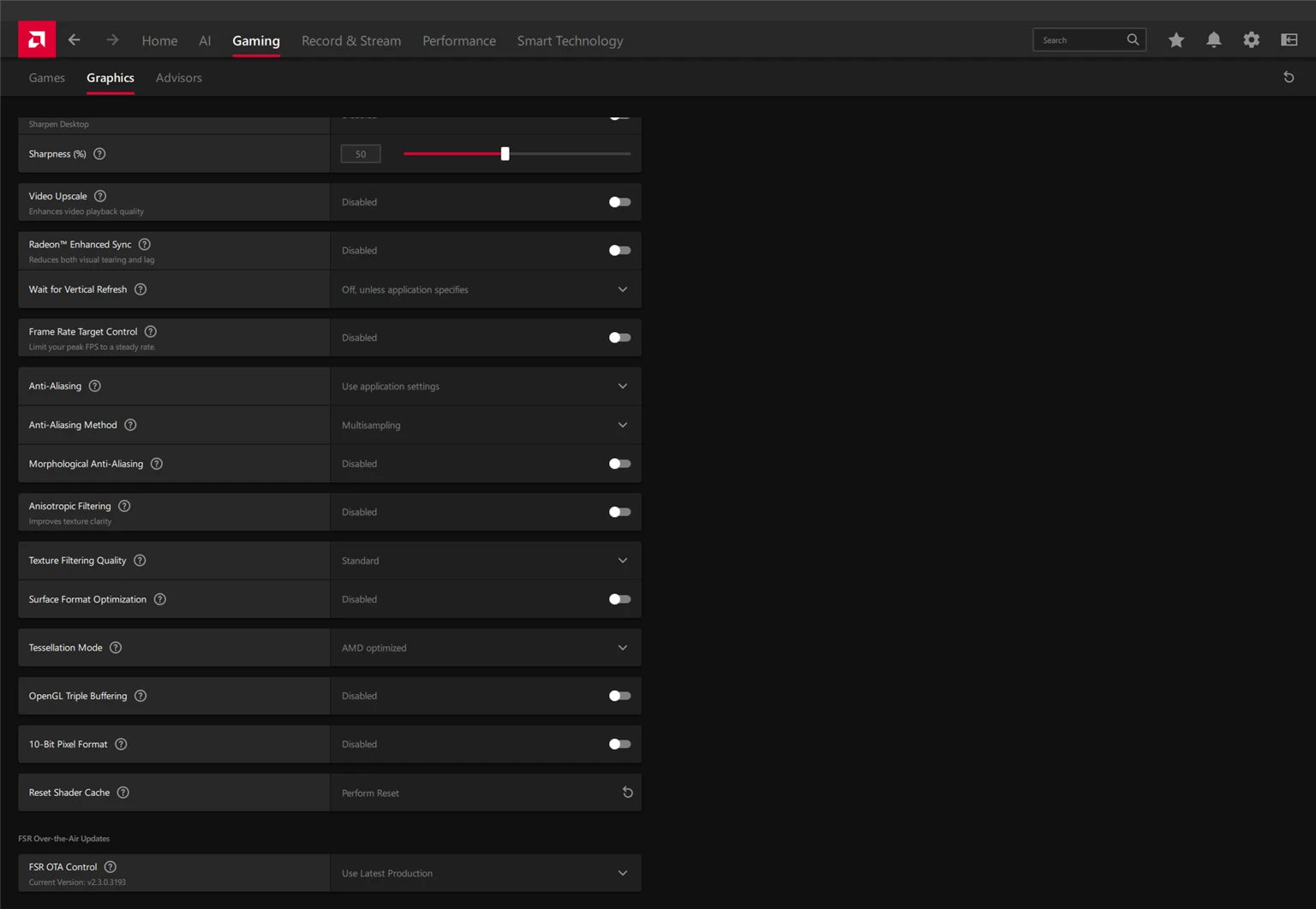 AMD Adrenalin advanced graphics options and FSR over-the-air control