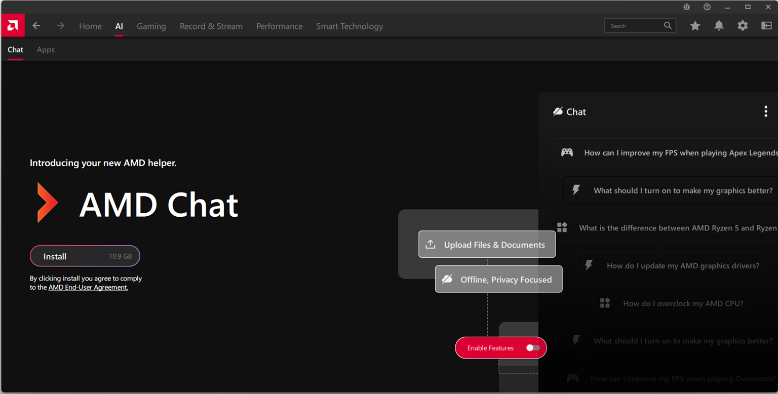 AMD Adrenalin AI tab with the AMD Chat local assistant