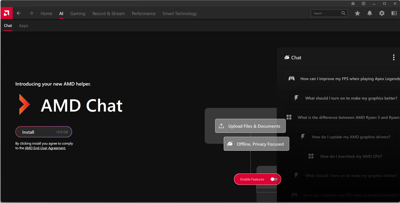 AMD Adrenalin AI tab with the AMD Chat local assistant