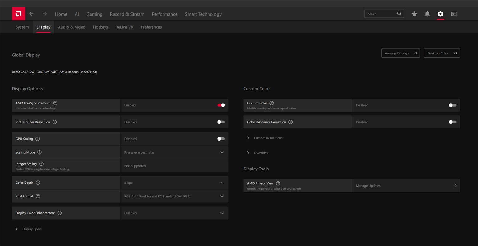 AMD Adrenalin display tab with FreeSync Premium and scaling options