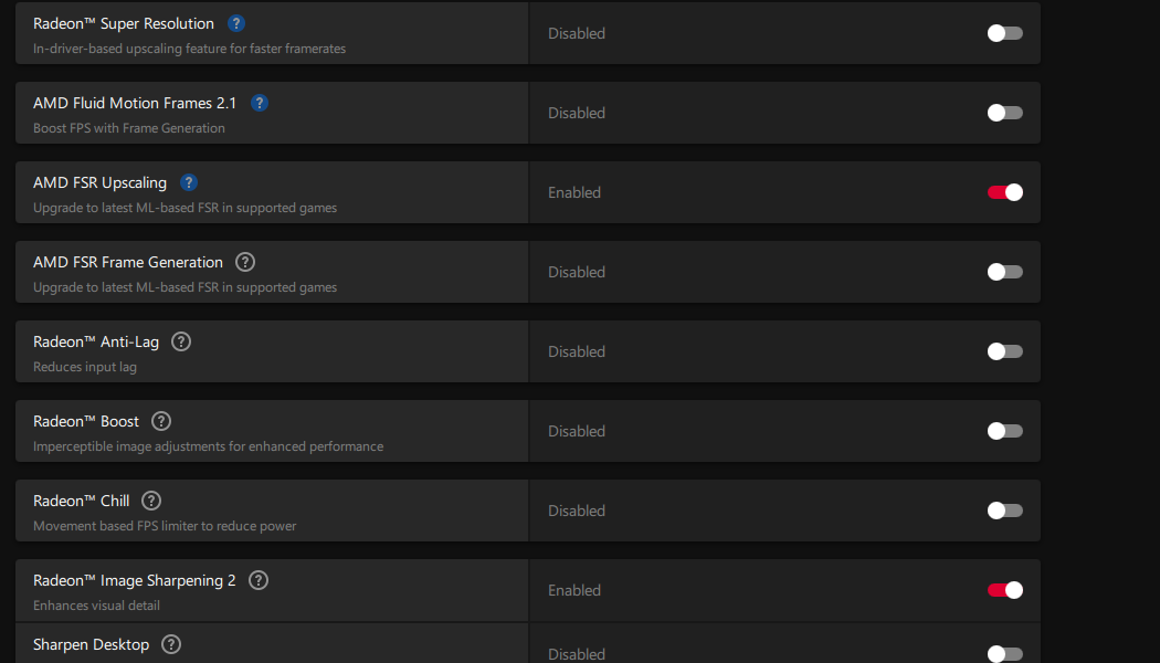 AMD Adrenalin graphics options with FSR Upscaling and Fluid Motion Frames toggles