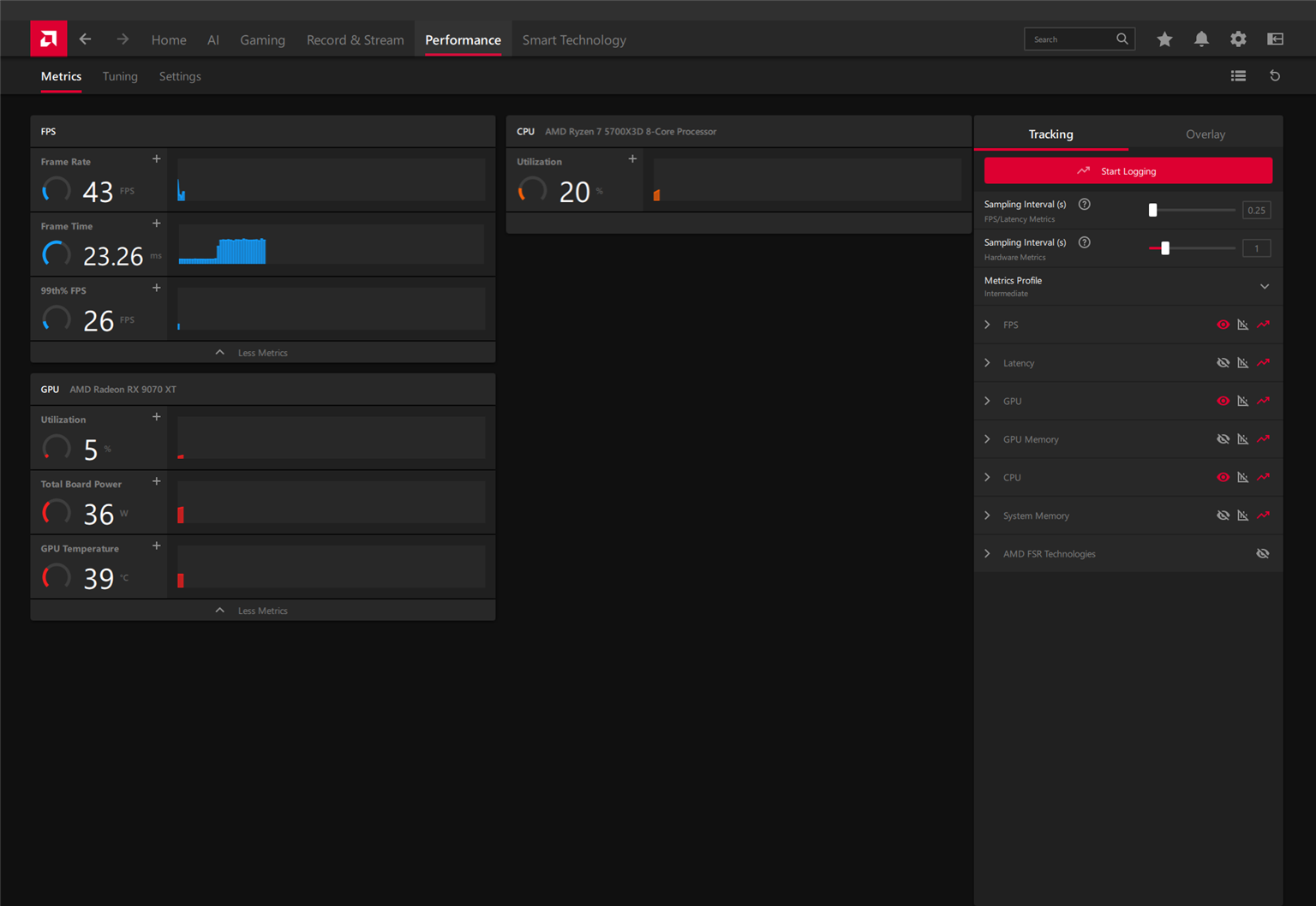 AMD Adrenalin performance metrics with frame time and 99th percentile