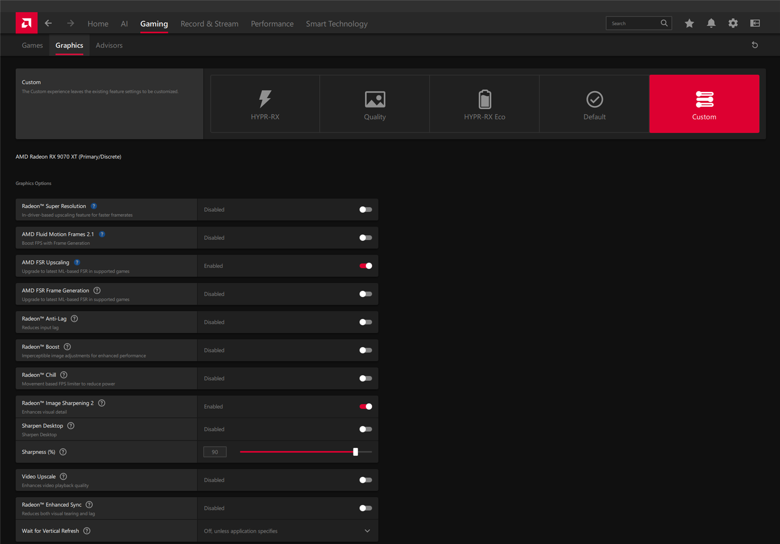 AMD Adrenalin graphics presets row with HYPR-RX and HYPR-RX Eco
