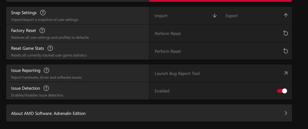 AMD Adrenalin system tab with snap settings and factory reset