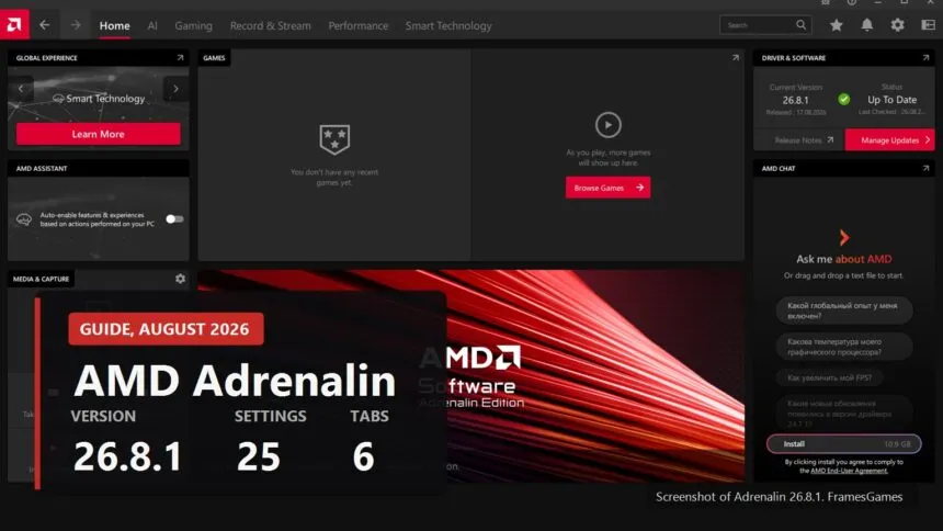 AMD Adrenalin 26.8.1 interface with the key numbers of the guide