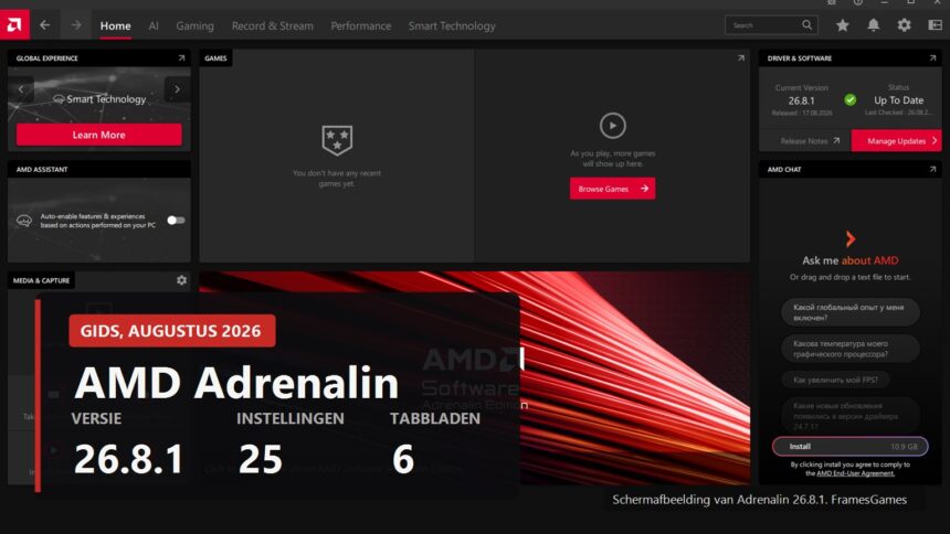AMD Adrenalin 26.8.1 interface with the key numbers of the guide
