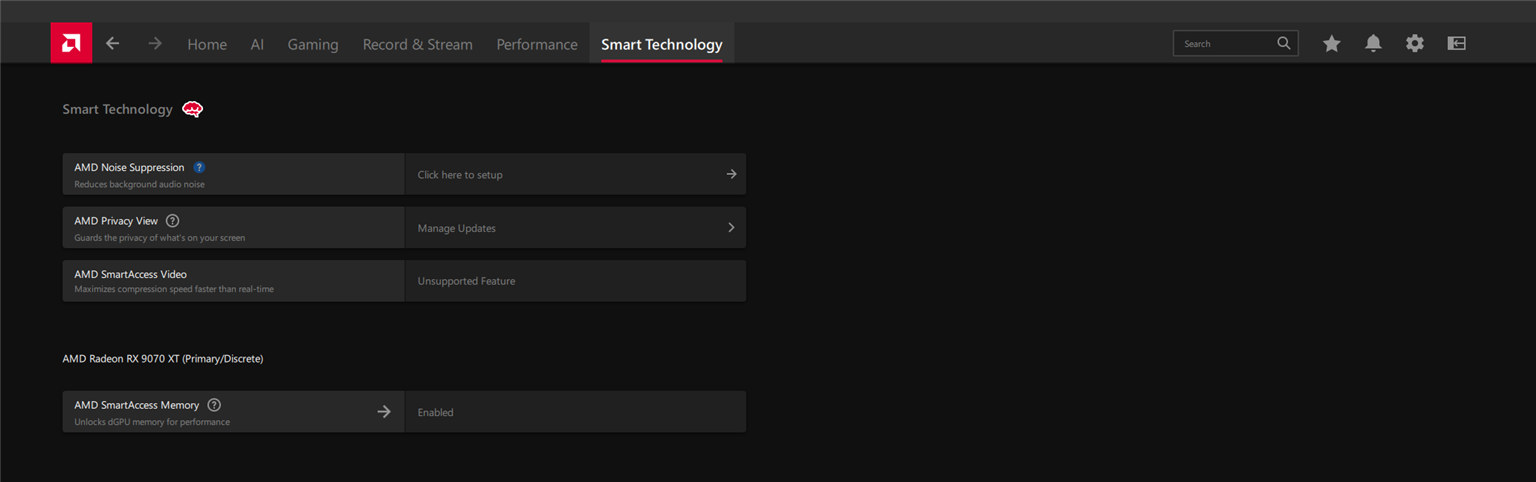 AMD Adrenalin Smart Technology tab with noise suppression and SmartAccess