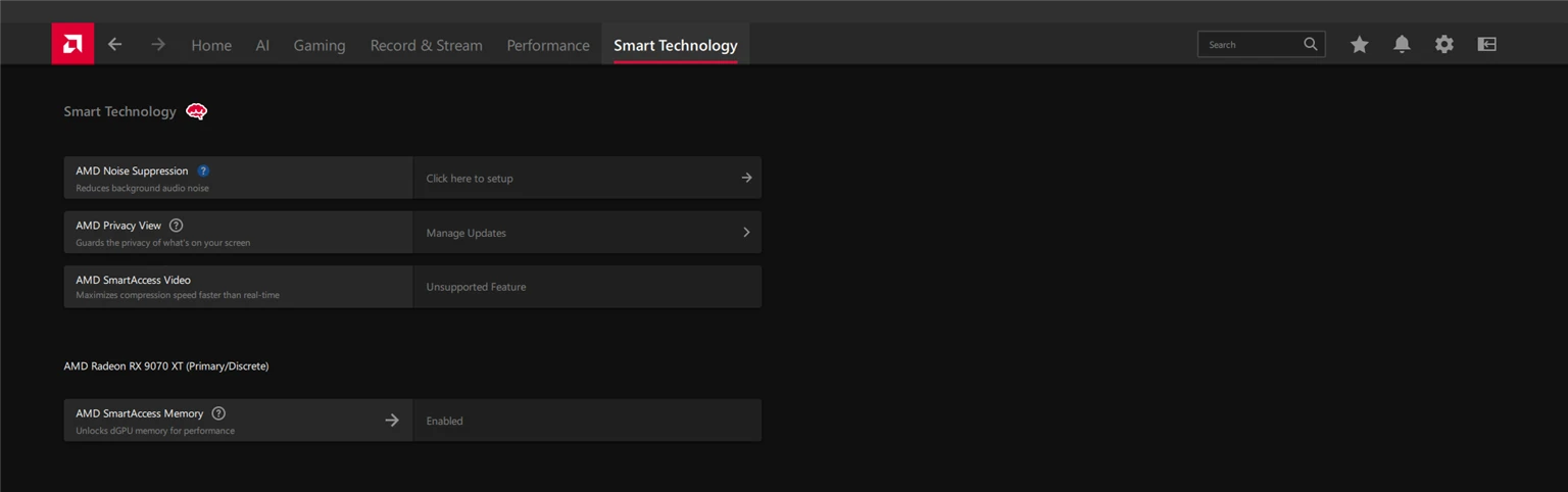 AMD Adrenalin Smart Technology tab with noise suppression and SmartAccess