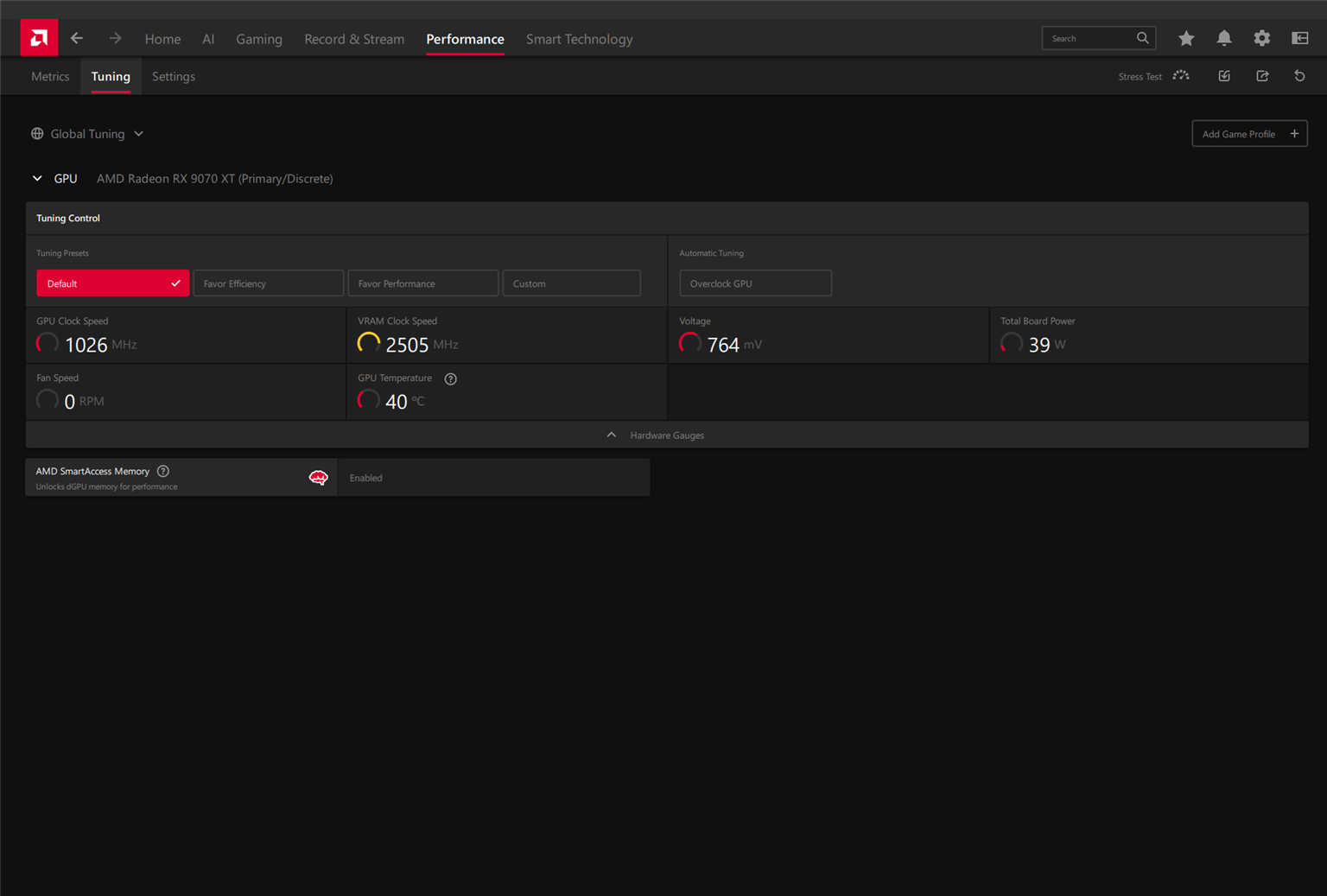 AMD Adrenalin tuning tab with presets, voltage and SmartAccess Memory