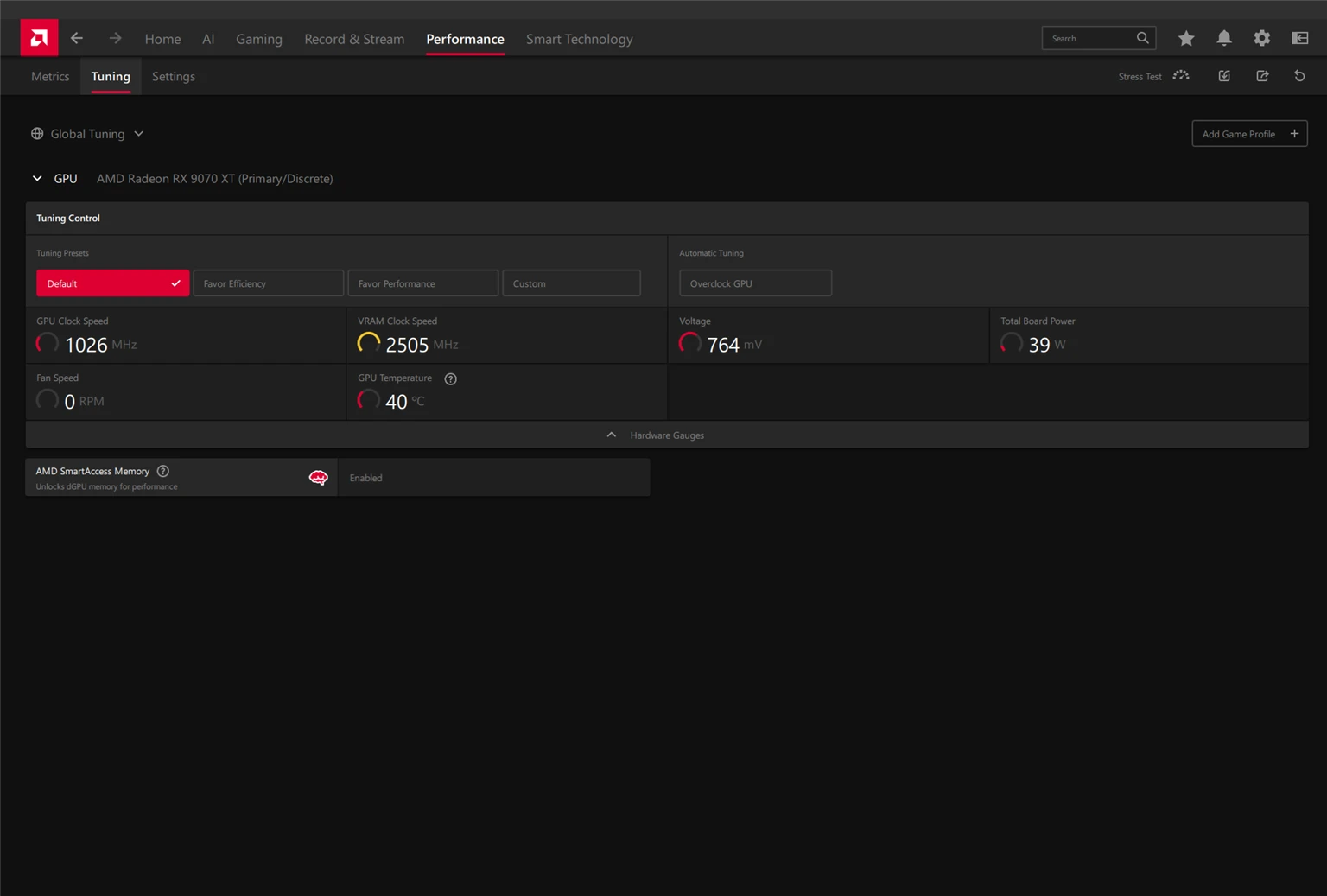 AMD Adrenalin tuning tab with presets, voltage and SmartAccess Memory