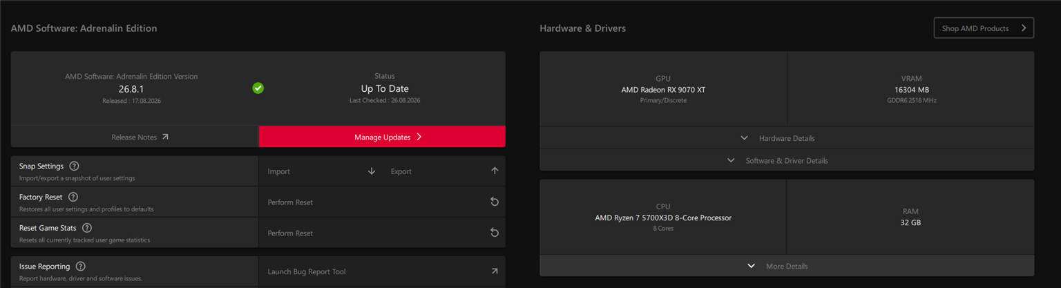 AMD Adrenalin System tab showing driver version 26.8.1 and hardware