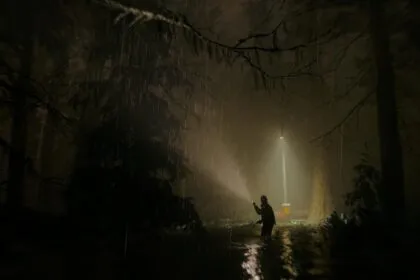A dark forest at night lit by a single torch beam
