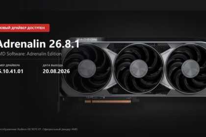 Key visual announcing AMD Adrenalin 26.8.1 driver, version 26.10.41.01, over an official Radeon RX 9070 XT render