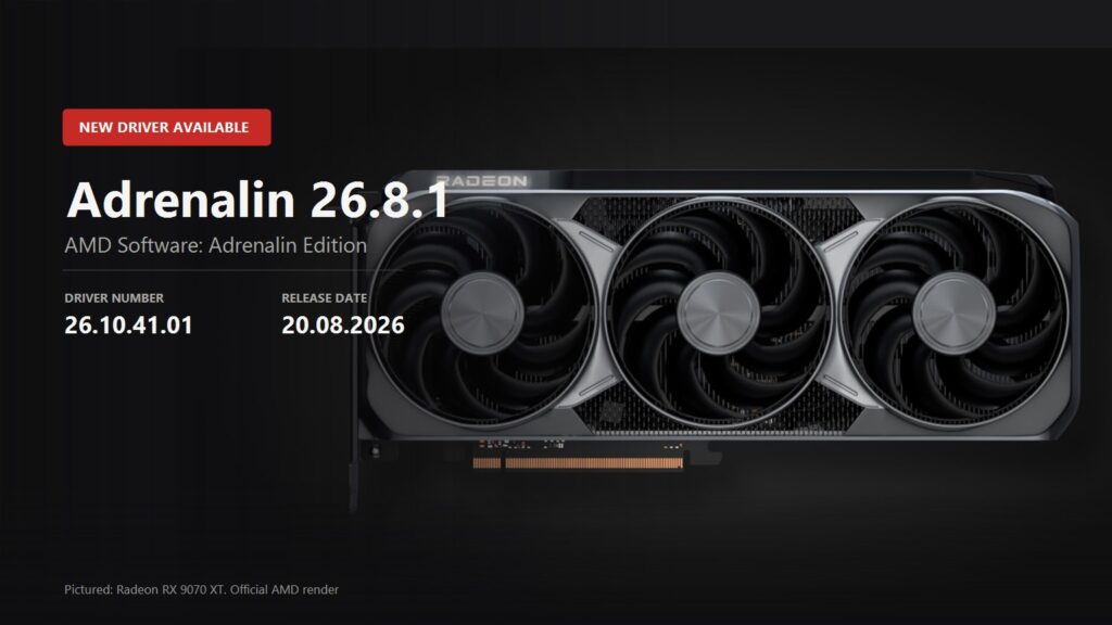 Key visual announcing the AMD Adrenalin 26.8.1 driver, version 26.10.41.01, over an official Radeon RX 9070 XT render