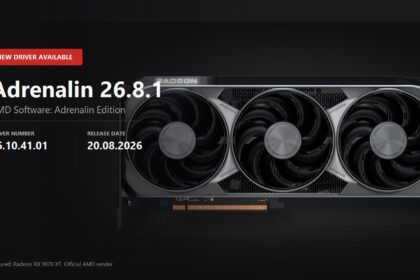 Key visual announcing the AMD Adrenalin 26.8.1 driver, version 26.10.41.01, over an official Radeon RX 9070 XT render