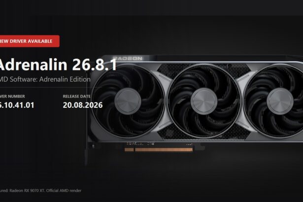 Key visual announcing the AMD Adrenalin 26.8.1 driver, version 26.10.41.01, over an official Radeon RX 9070 XT render