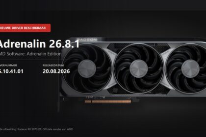Key visual met aankondiging van de AMD Adrenalin 26.8.1 driver, versie 26.10.41.01, over een officiele render van de Radeon RX 9070 XT