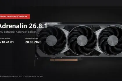 Key visual met aankondiging van de AMD Adrenalin 26.8.1 driver, versie 26.10.41.01, over een officiele render van de Radeon RX 9070 XT