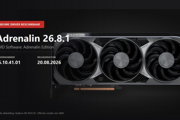 Key visual met aankondiging van de AMD Adrenalin 26.8.1 driver, versie 26.10.41.01, over een officiele render van de Radeon RX 9070 XT