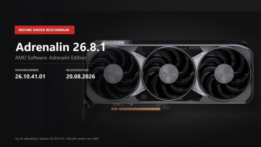 Key visual met aankondiging van de AMD Adrenalin 26.8.1 driver, versie 26.10.41.01, over een officiele render van de Radeon RX 9070 XT