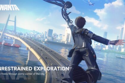 Player character gliding over a bridge towards the skyline of Nova City in ANANTA