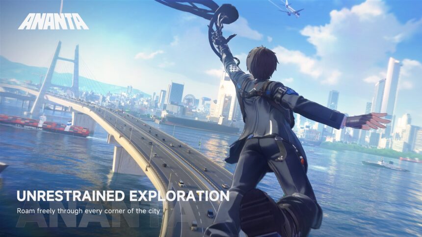 Player character gliding over a bridge towards the skyline of Nova City in ANANTA