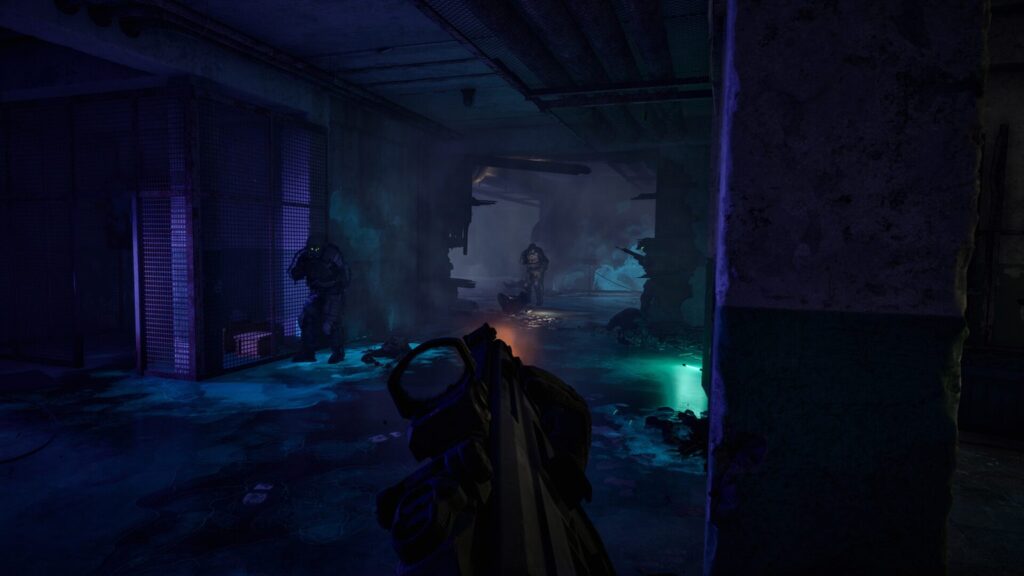 Armed figures in a flooded underground room lit by blue and green lamps in S.T.A.L.K.E.R. 2