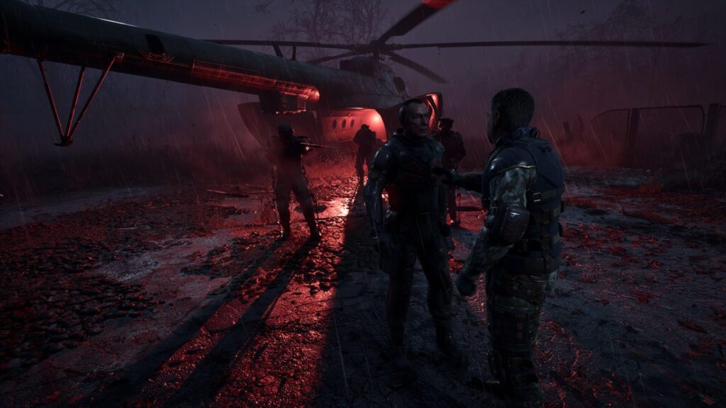 Two characters talking in front of a helicopter under red light and heavy rain in S.T.A.L.K.E.R. 2