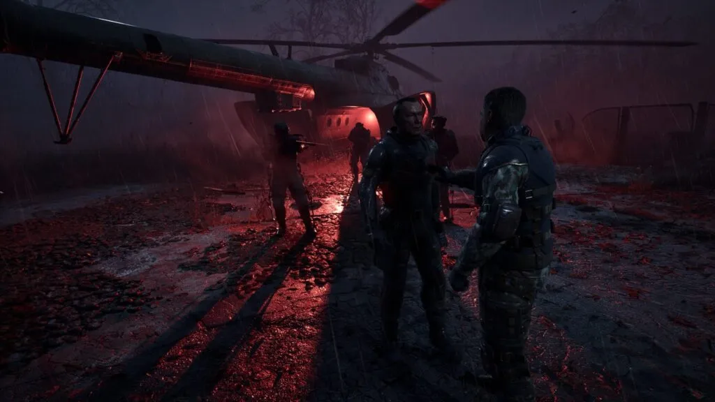 Two characters talking in front of a helicopter under red light and heavy rain in S.T.A.L.K.E.R. 2