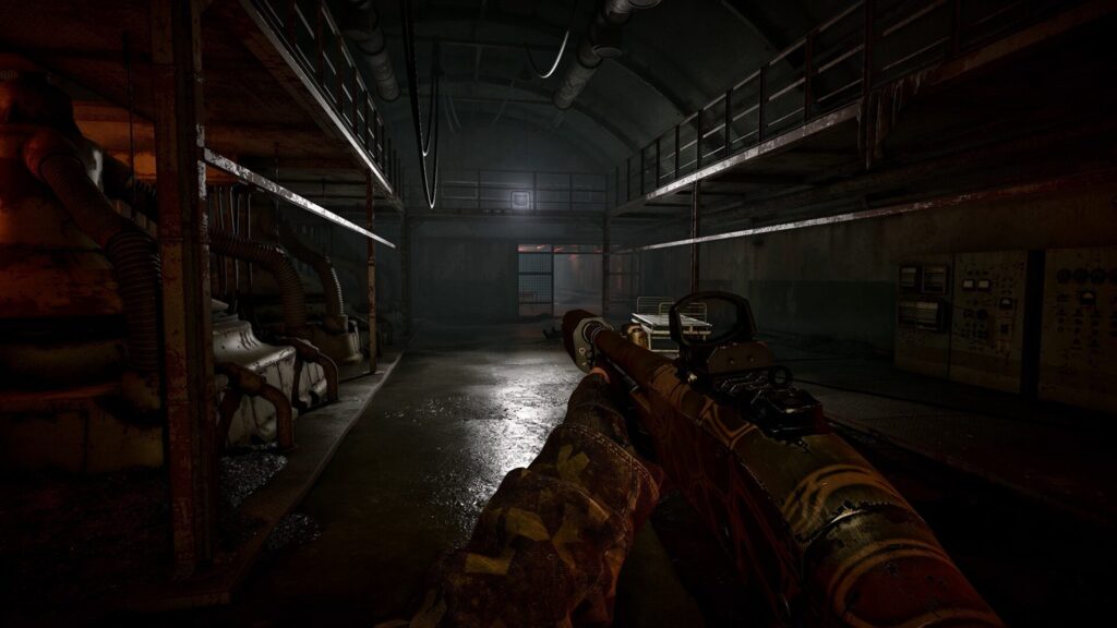 A dark industrial corridor with pipes and control panels in S.T.A.L.K.E.R. 2