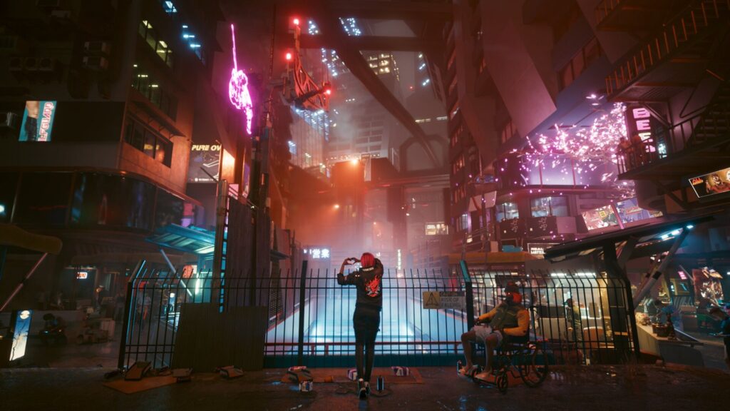 A character standing at a railing overlooking a neon lit street in Cyberpunk 2077