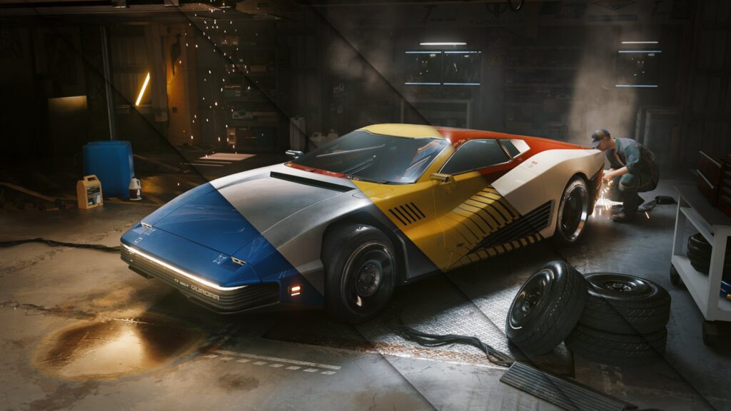 Гараж в Cyberpunk 2077, машина под лампами, отражения на кузове и мокром полу