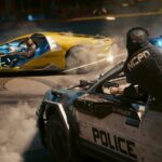 Night chase in Cyberpunk 2077, neon and reflections on wet asphalt