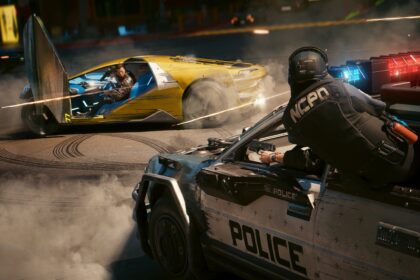 Night chase in Cyberpunk 2077, neon and reflections on wet asphalt