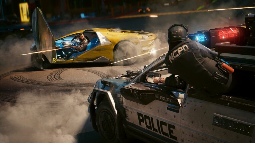 Night chase in Cyberpunk 2077, neon and reflections on wet asphalt