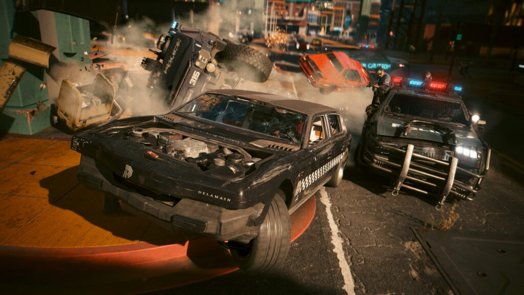 Cyberpunk 2077 police chase in Night City at night