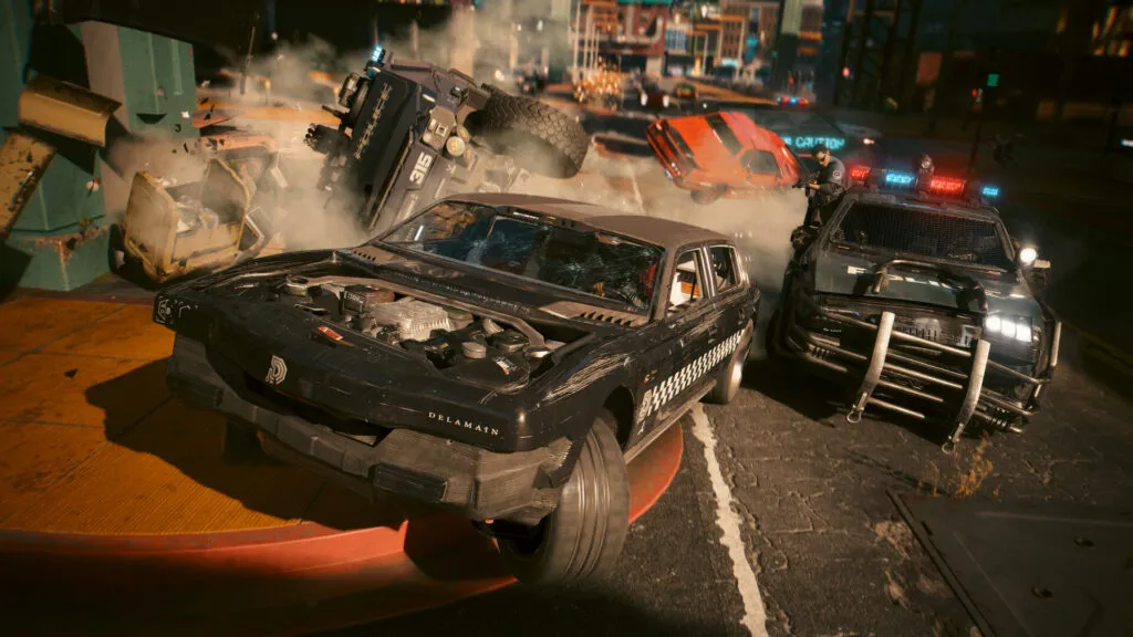 Cyberpunk 2077 police chase in Night City at night
