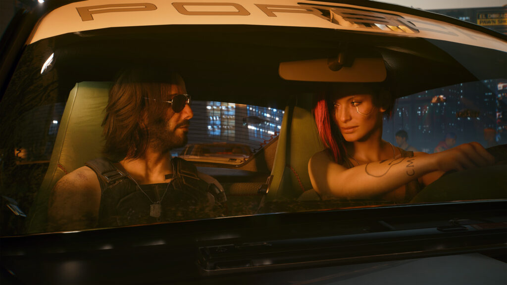 Cyberpunk 2077 night scene with ray traced reflections on car glass