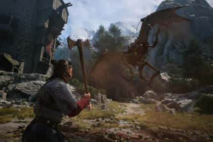 A warrior with an axe facing a creature among mountain ruins
