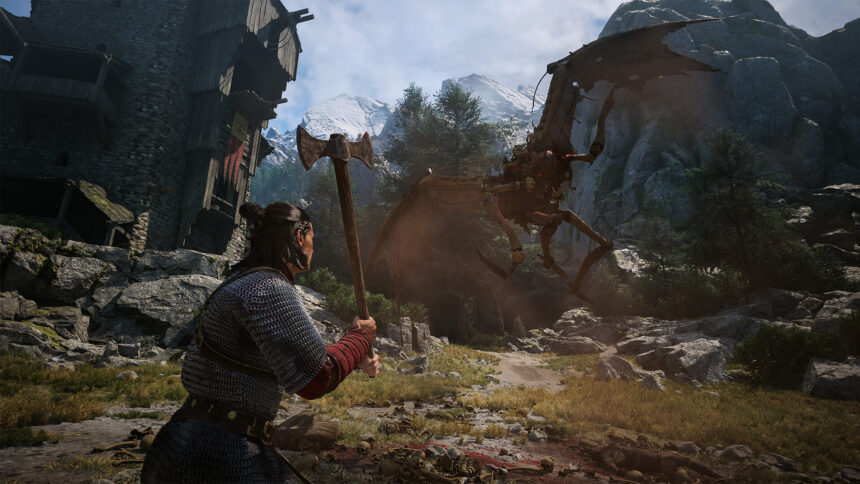 A warrior with an axe facing a creature among mountain ruins