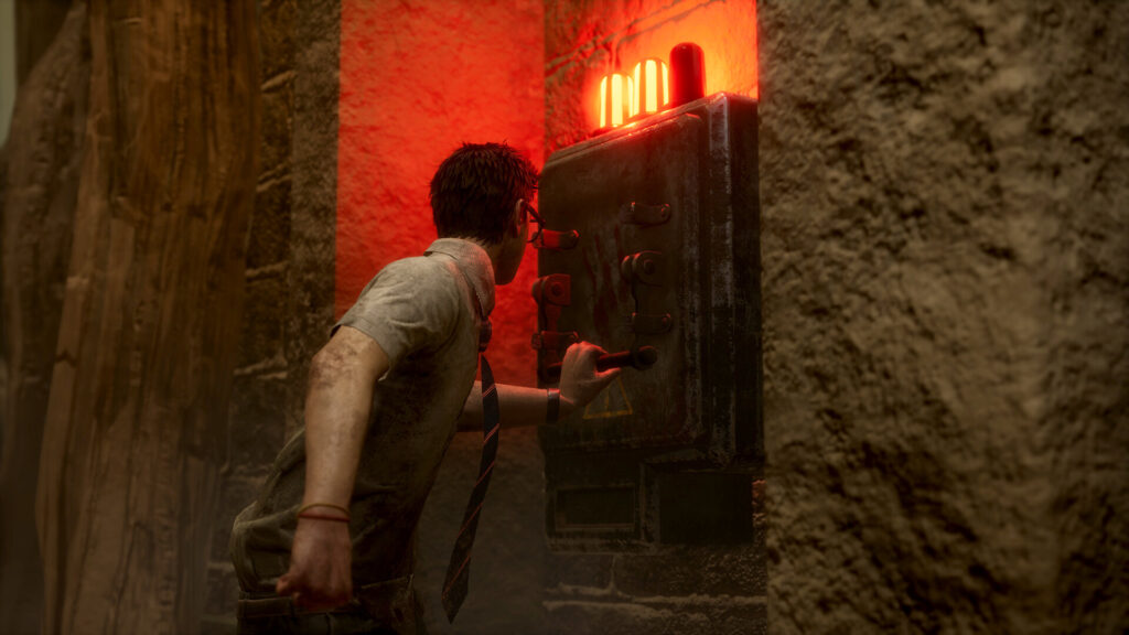 A survivor repairing a generator under red light in Dead by Daylight