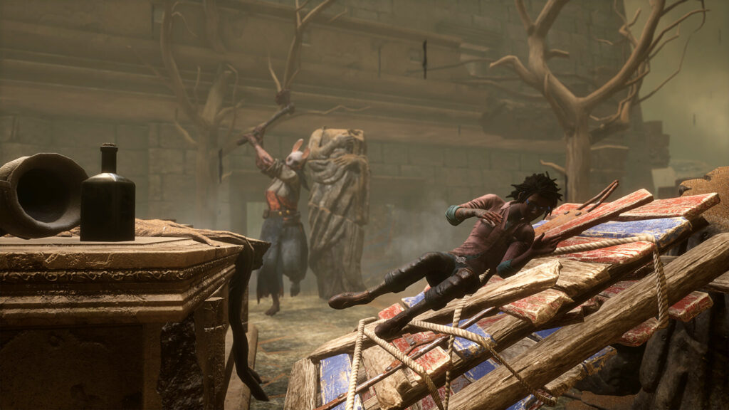 A mounted killer chasing a survivor over pallets in Dead by Daylight