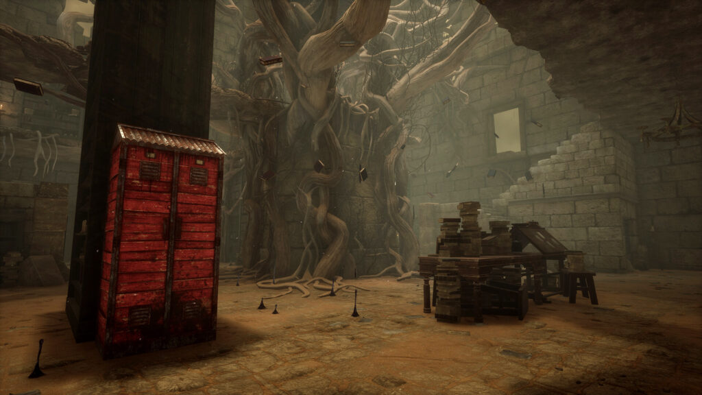 A ruined interior with lockers and roots in Dead by Daylight