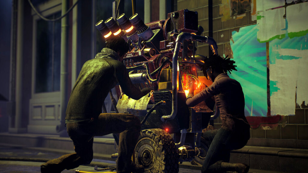 Two survivors repairing a generator in a street in Dead by Daylight
