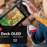Steam Deck OLED in the hands of a person playing outdoors, with battery figures shown