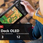 Steam Deck OLED in the hands of a person playing outdoors, with battery figures shown